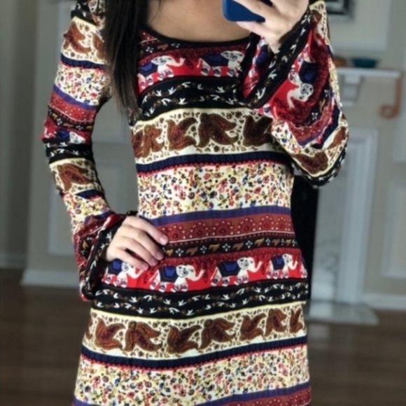Abercrombie & Fitch Boho Red Elephant Long Sleeve Dress S - Picture 12 of 12